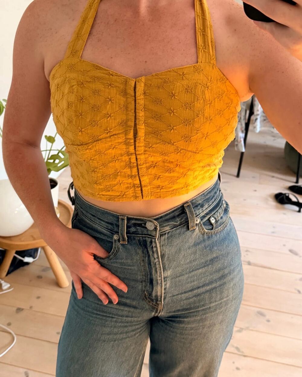 New With Tags Burnt Orange Embroidered Florals Padded Cropped Halter Neck Top